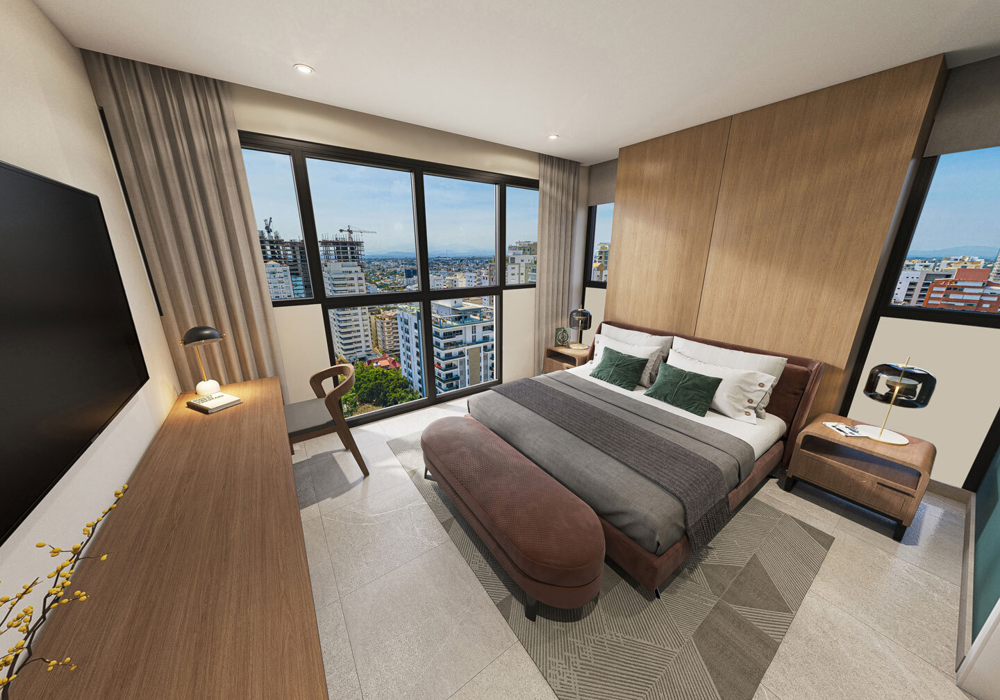 Habitación con ventanales y vista a Piantini