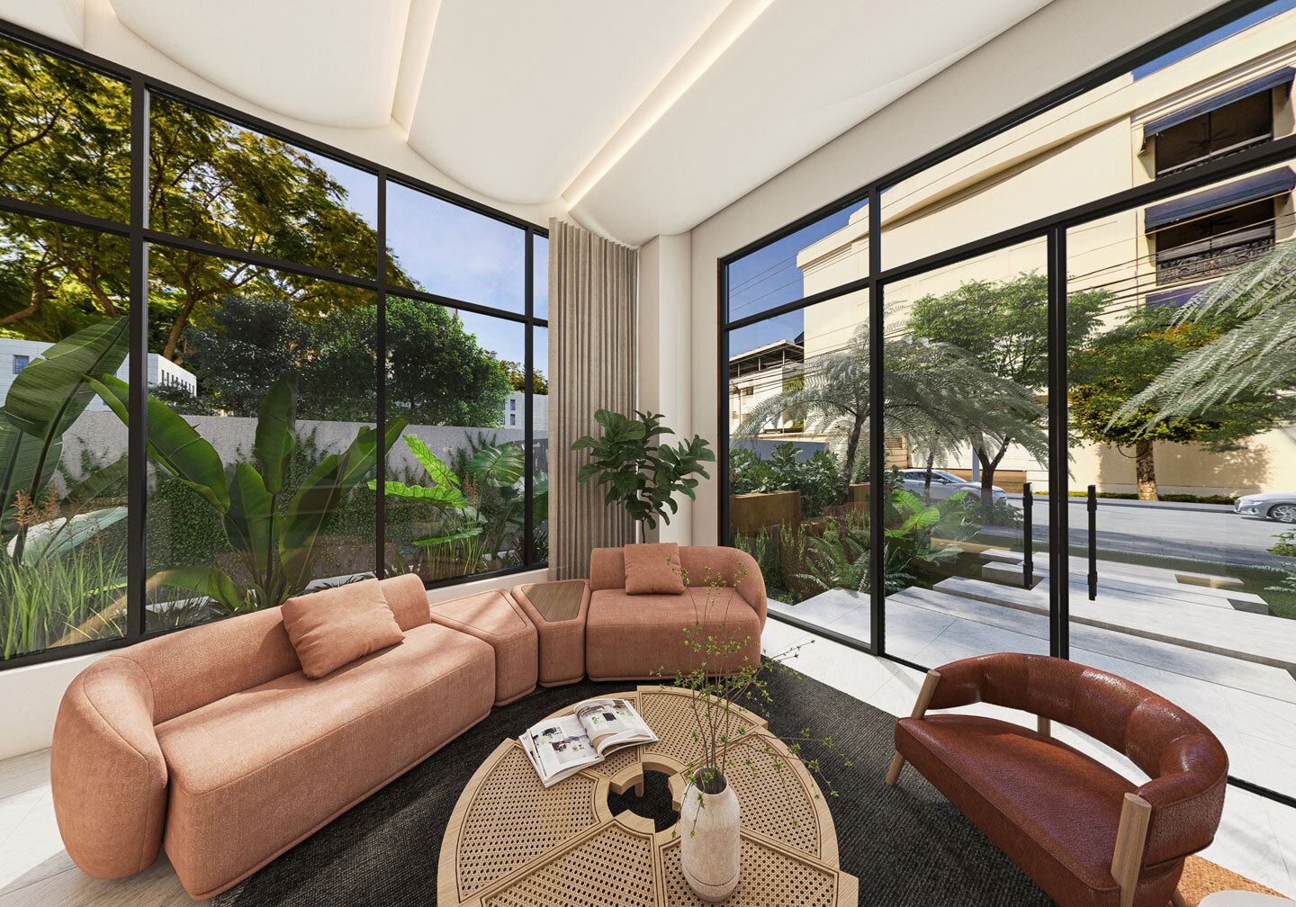 Lounge de planta baja rodeado de jardines