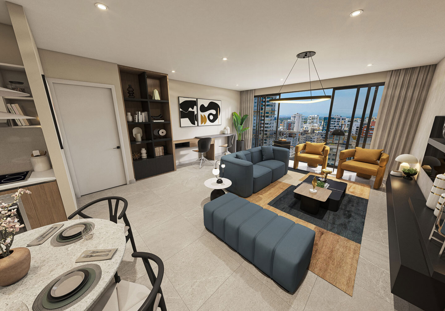 Área social del apartamento con vista a la ciudad