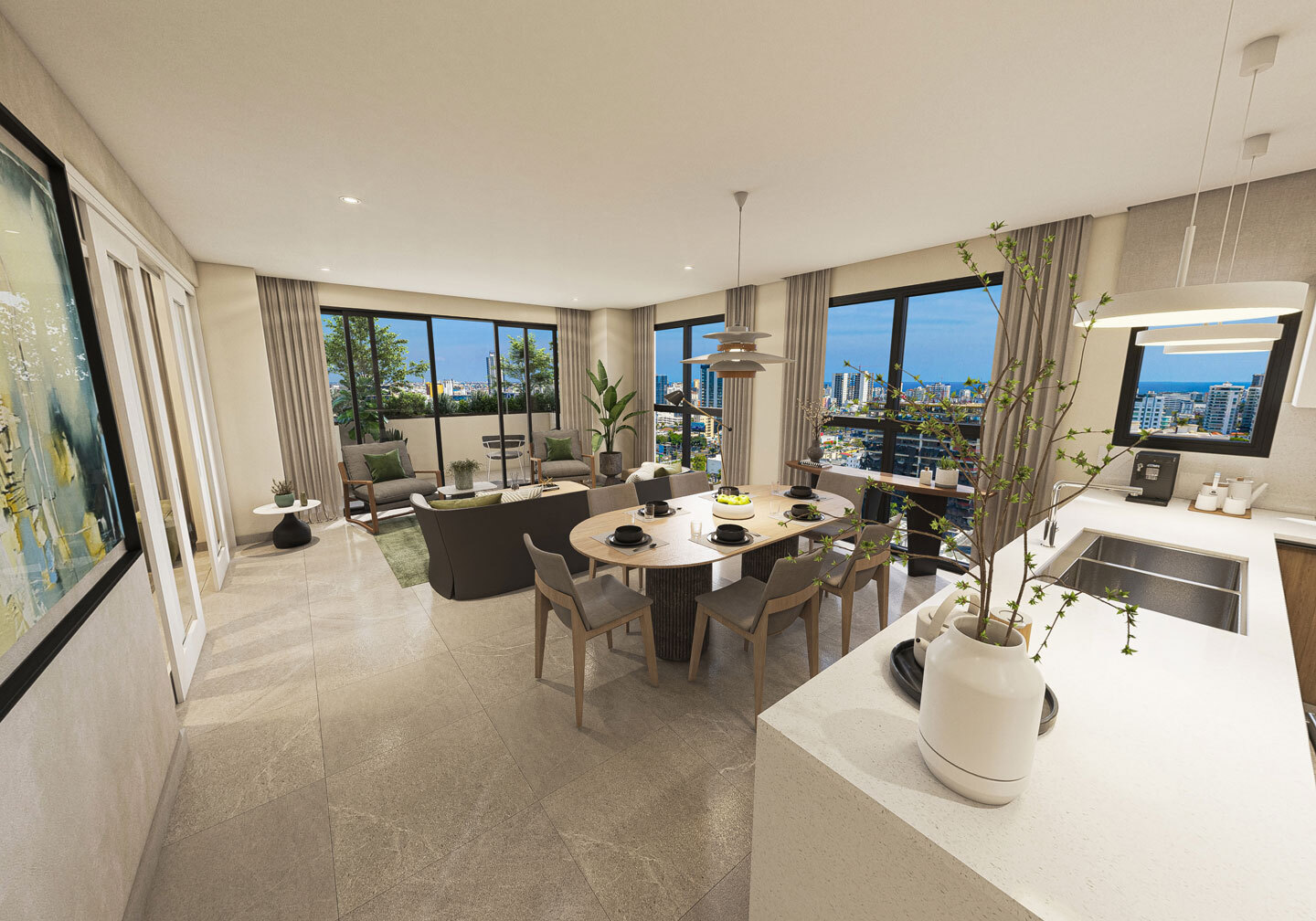 Sala, comedor y cocina abierta con vista panorámica